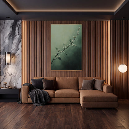 Misty Myrtle Branch Botanical wall art in an elegant modern room – slender dark branch with small cream blossoms