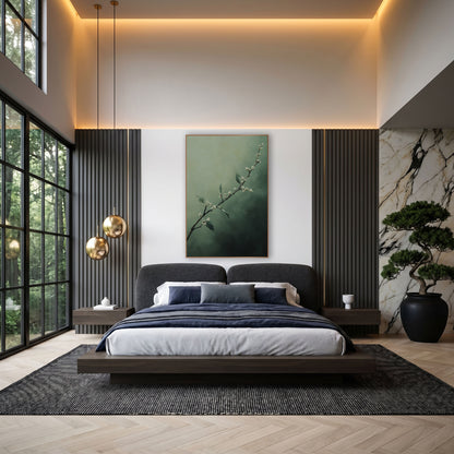 Misty Myrtle Branch Botanical wall art in an elegant modern room – slender dark branch with small cream blossoms