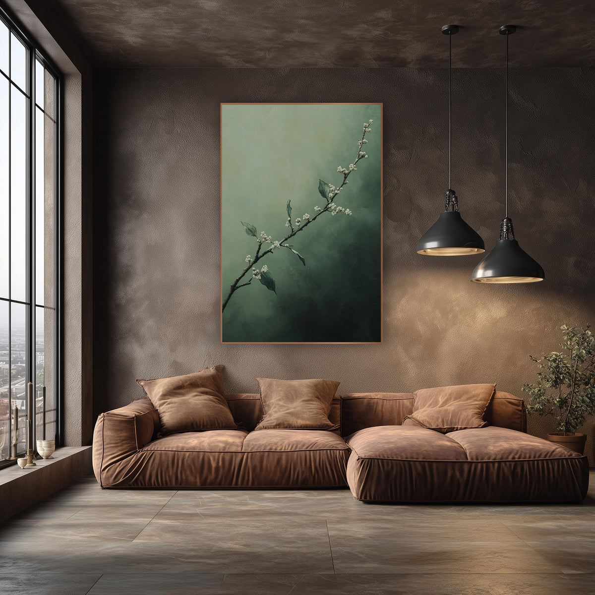 Misty Myrtle Branch Botanical wall art in an elegant modern room – slender dark branch with small cream blossoms