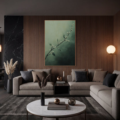 Misty Myrtle Branch Botanical wall art in an elegant modern room – slender dark branch with small cream blossoms