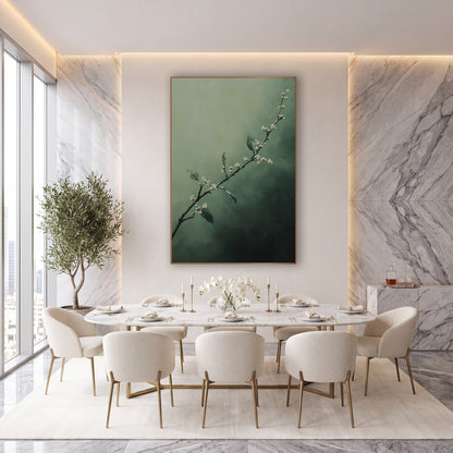 Misty Myrtle Branch Botanical wall art in an elegant modern room – slender dark branch with small cream blossoms