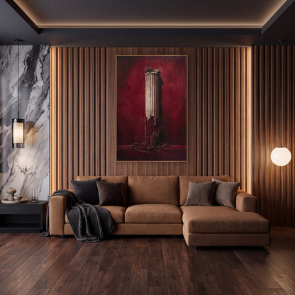 Broken Classical Column Burgundy Luxury wall art in an elegant modern room – cream fluted classical column, cracked