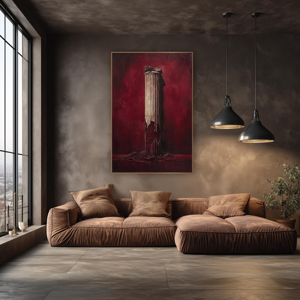 Broken Classical Column Burgundy Luxury wall art in an elegant modern room – cream fluted classical column, cracked