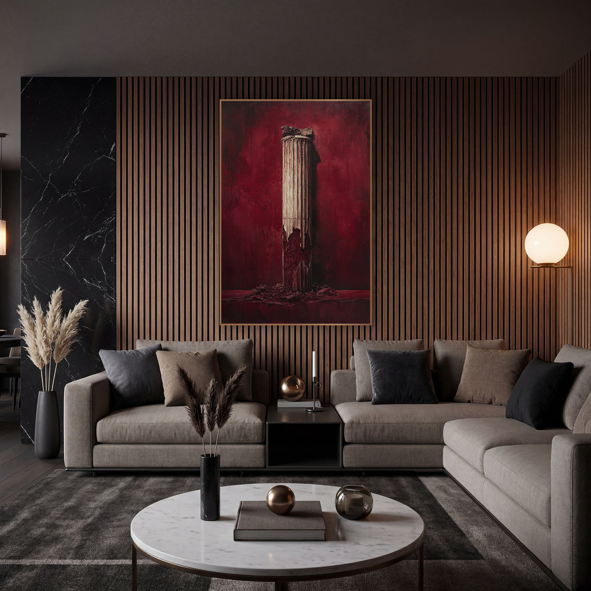 Broken Classical Column Burgundy Luxury wall art in an elegant modern room – cream fluted classical column, cracked