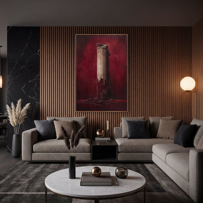 Broken Classical Column Burgundy Luxury wall art in an elegant modern room – cream fluted classical column, cracked