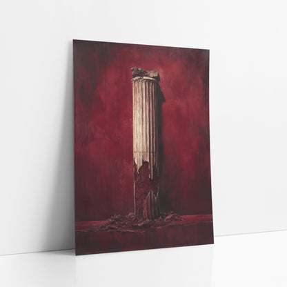 Broken Classical Column Burgundy Luxury art print leaning against a white wall – cream fluted classical column, cracked