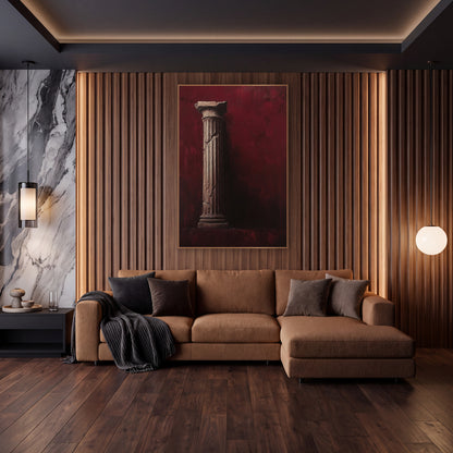 Cracked Classical Column Burgundy Moody wall art in an elegant modern room – tall fluted classical column with chipped
