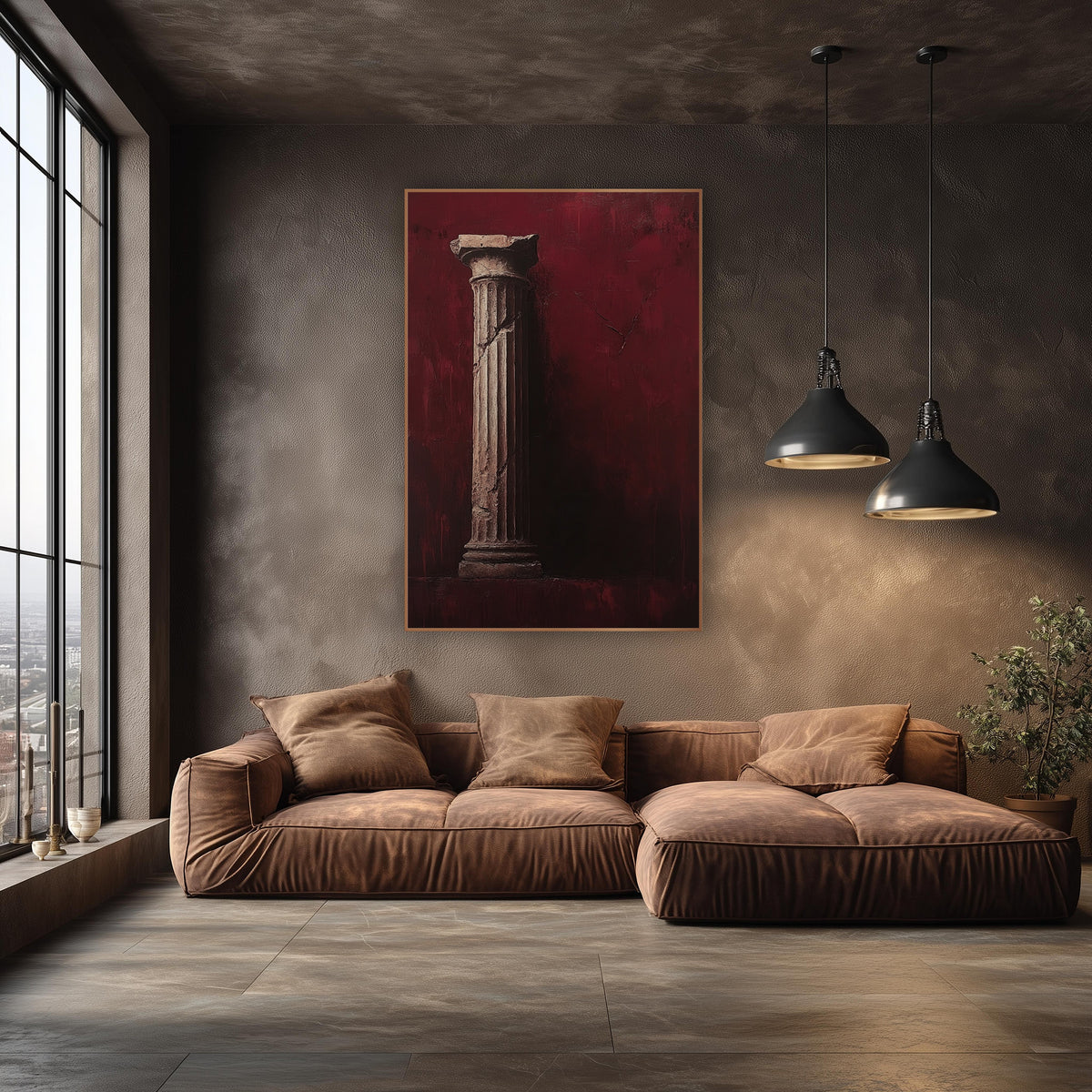 Cracked Classical Column Burgundy Moody wall art in an elegant modern room – tall fluted classical column with chipped
