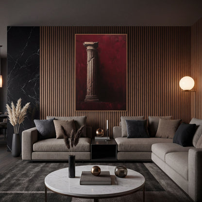 Cracked Classical Column Burgundy Moody wall art in an elegant modern room – tall fluted classical column with chipped
