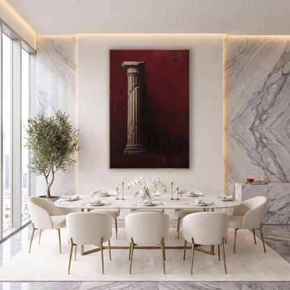Cracked Classical Column Burgundy Moody wall art in an elegant modern room – tall fluted classical column with chipped
