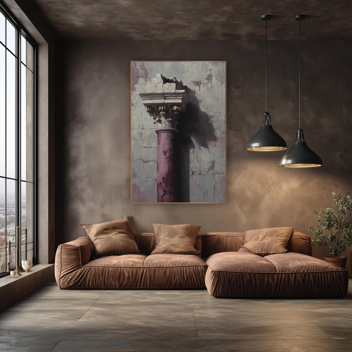 Plum Broken Column Architectural Luxe wall art in an elegant modern room – plum-colored broken column with carved leaf