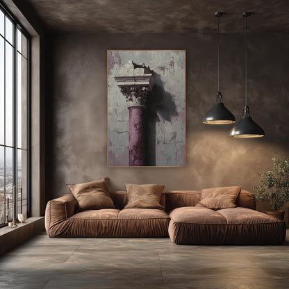 Plum Broken Column Architectural Luxe wall art in an elegant modern room – plum-colored broken column with carved leaf
