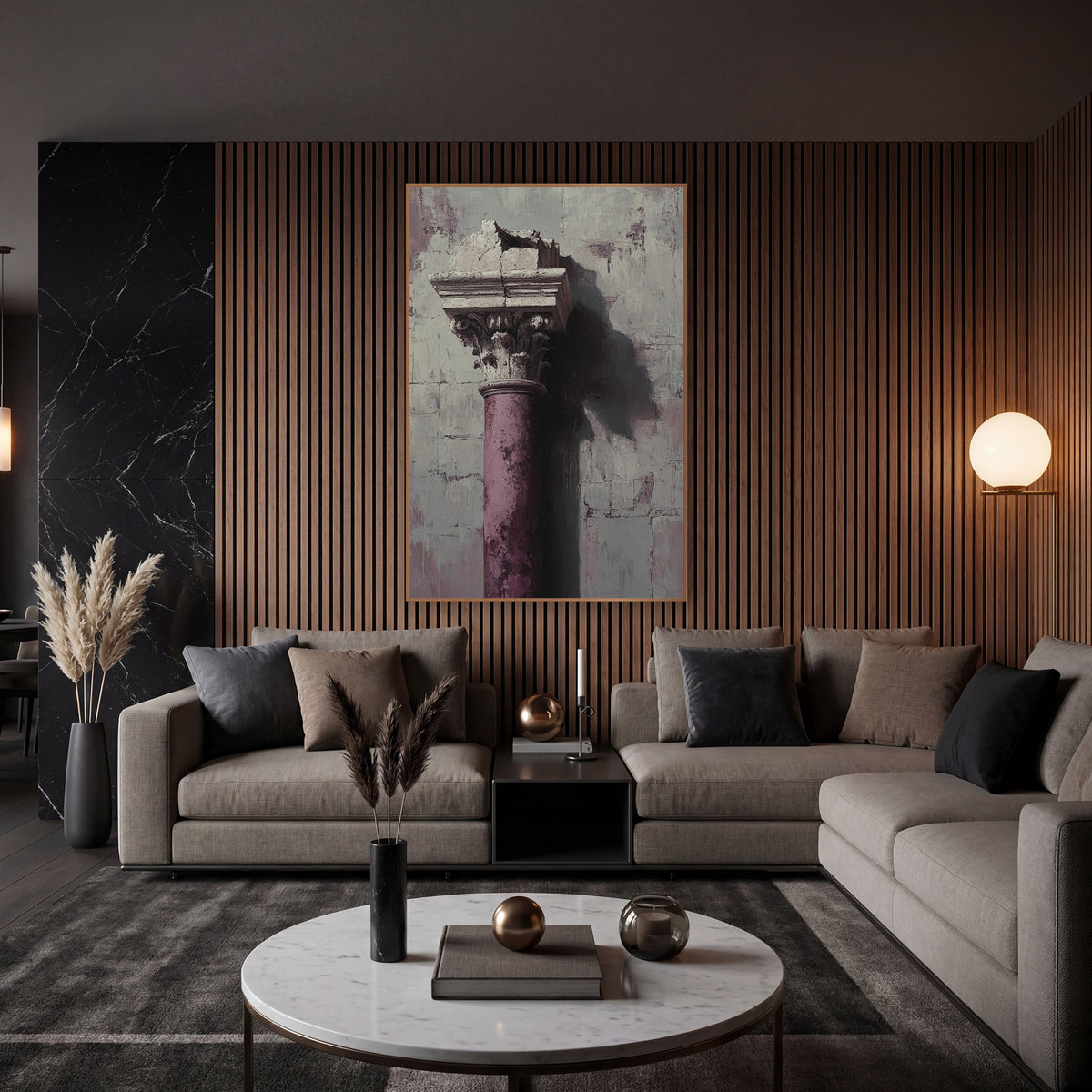 Plum Broken Column Architectural Luxe wall art in an elegant modern room – plum-colored broken column with carved leaf