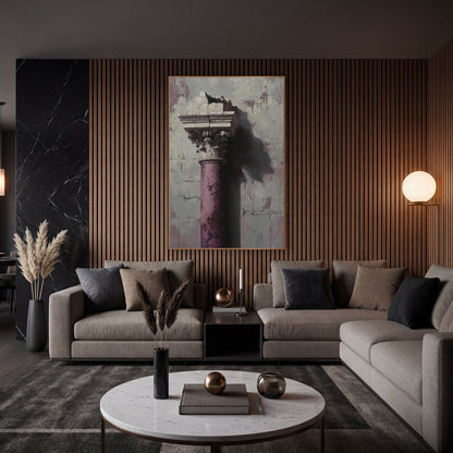 Plum Broken Column Architectural Luxe wall art in an elegant modern room – plum-colored broken column with carved leaf