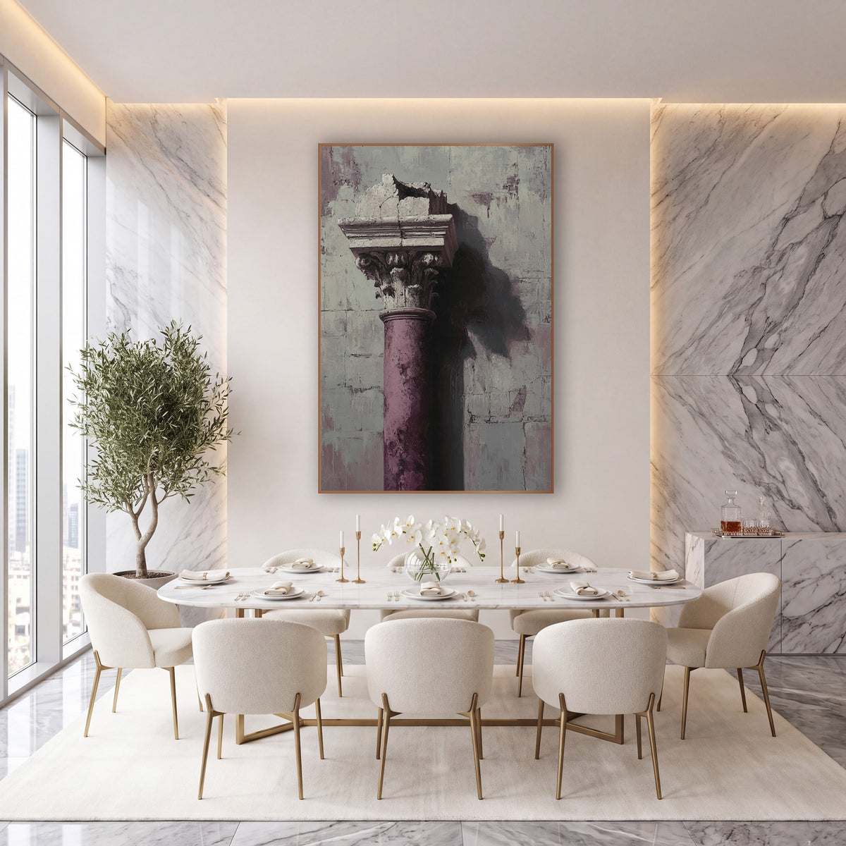 Plum Broken Column Architectural Luxe wall art in an elegant modern room – plum-colored broken column with carved leaf