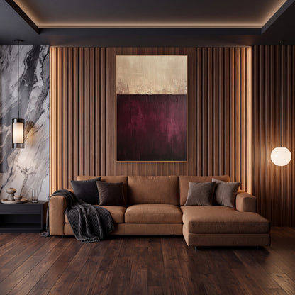 Burgundy and Cream Horizon Abstract wall art in an elegant modern room – abstract artwork with a cream band above