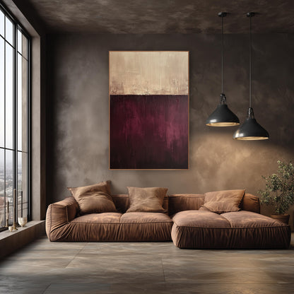 Burgundy and Cream Horizon Abstract wall art in an elegant modern room – abstract artwork with a cream band above