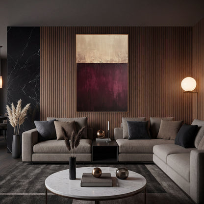 Burgundy and Cream Horizon Abstract wall art in an elegant modern room – abstract artwork with a cream band above