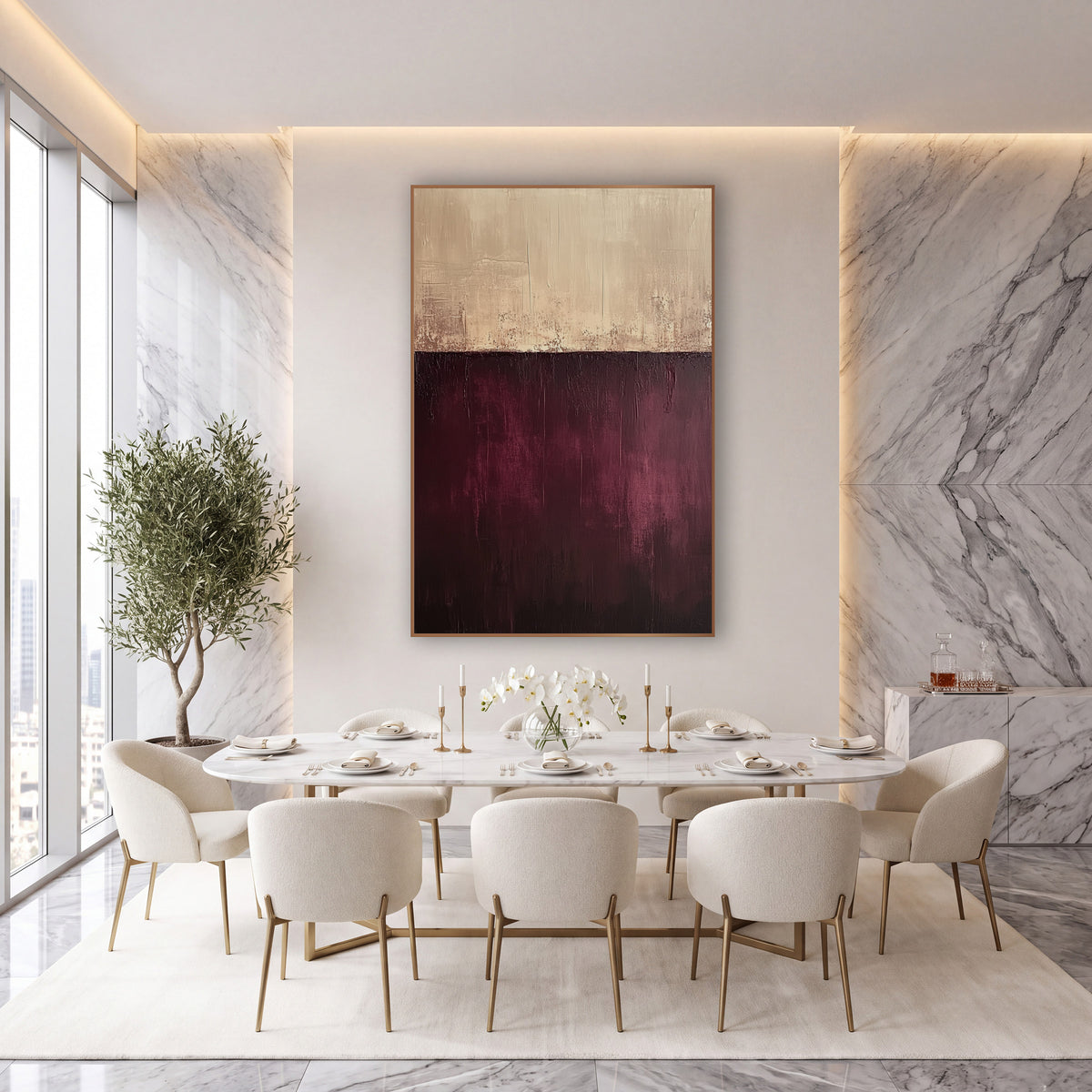 Burgundy and Cream Horizon Abstract wall art in an elegant modern room – abstract artwork with a cream band above