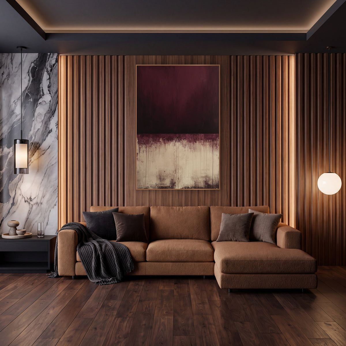 Burgundy and Cream Abstract Color Field wall art in an elegant modern room – abstract artwork with dark burgundy block