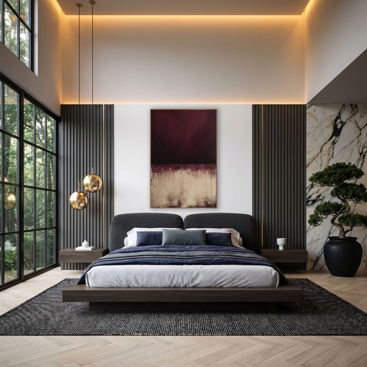 Burgundy and Cream Abstract Color Field wall art in an elegant modern room – abstract artwork with dark burgundy block