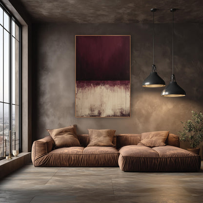 Burgundy and Cream Abstract Color Field wall art in an elegant modern room – abstract artwork with dark burgundy block