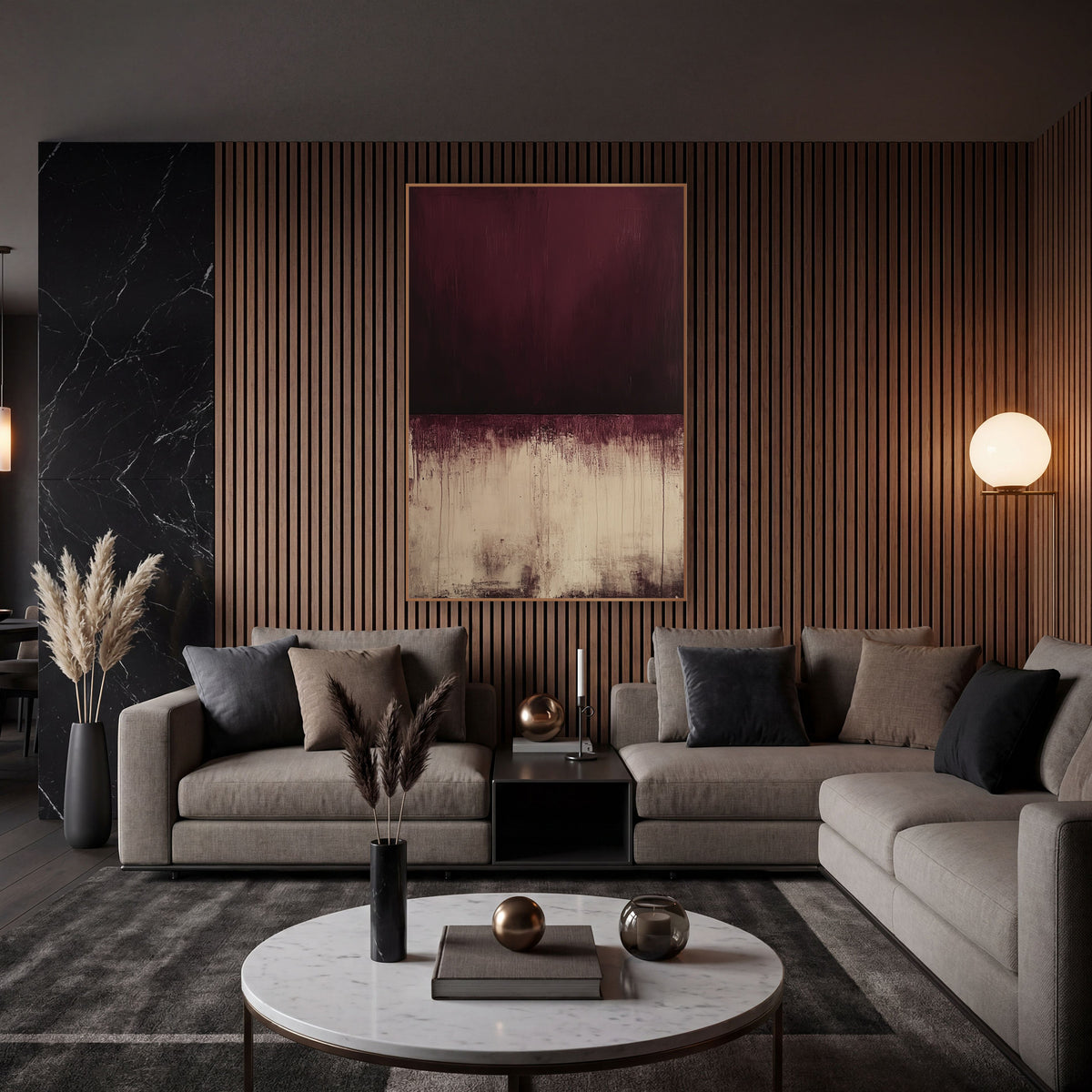 Burgundy and Cream Abstract Color Field wall art in an elegant modern room – abstract artwork with dark burgundy block