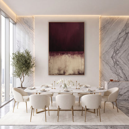 Burgundy and Cream Abstract Color Field wall art in an elegant modern room – abstract artwork with dark burgundy block