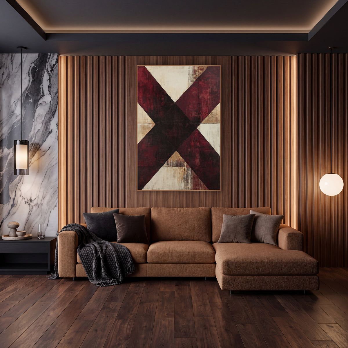 Burgundy Cross Geometric Abstract wall art in an elegant modern room – abstract artwork of wide burgundy and dark