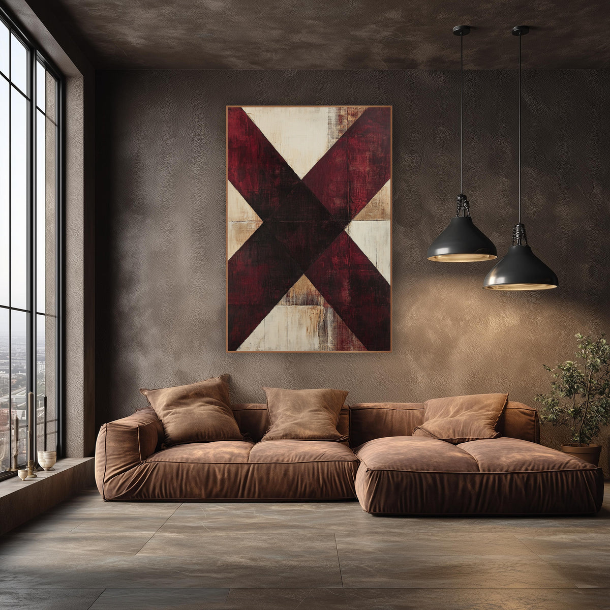Burgundy Cross Geometric Abstract wall art in an elegant modern room – abstract artwork of wide burgundy and dark