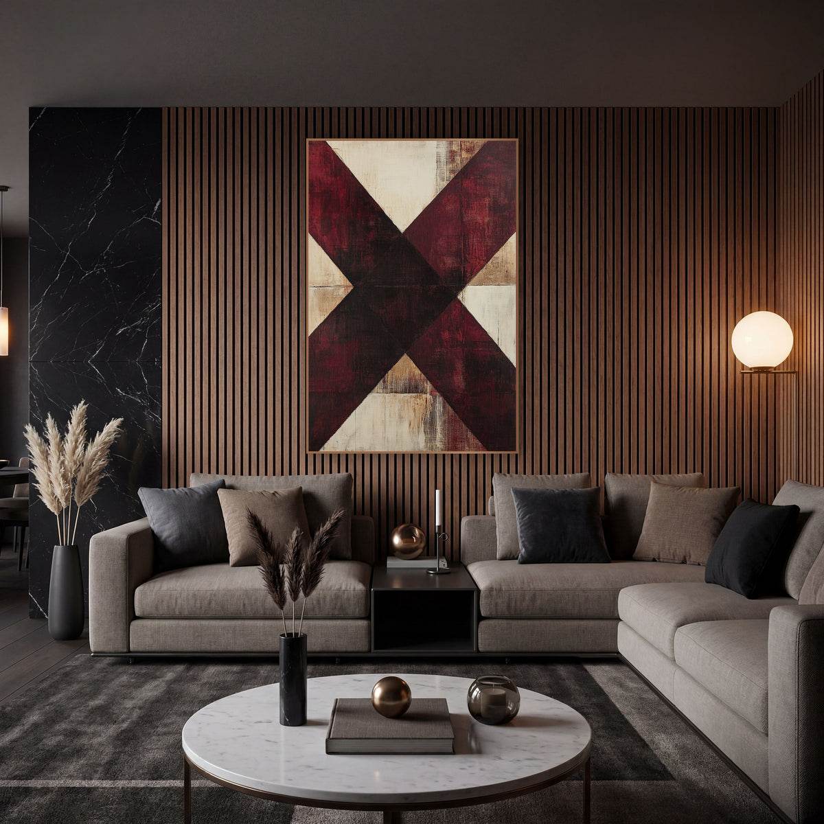Burgundy Cross Geometric Abstract wall art in an elegant modern room – abstract artwork of wide burgundy and dark