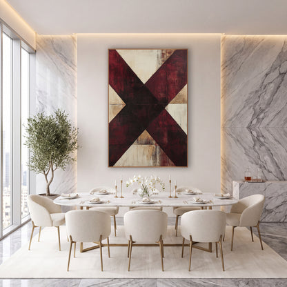 Burgundy Cross Geometric Abstract wall art in an elegant modern room – abstract artwork of wide burgundy and dark