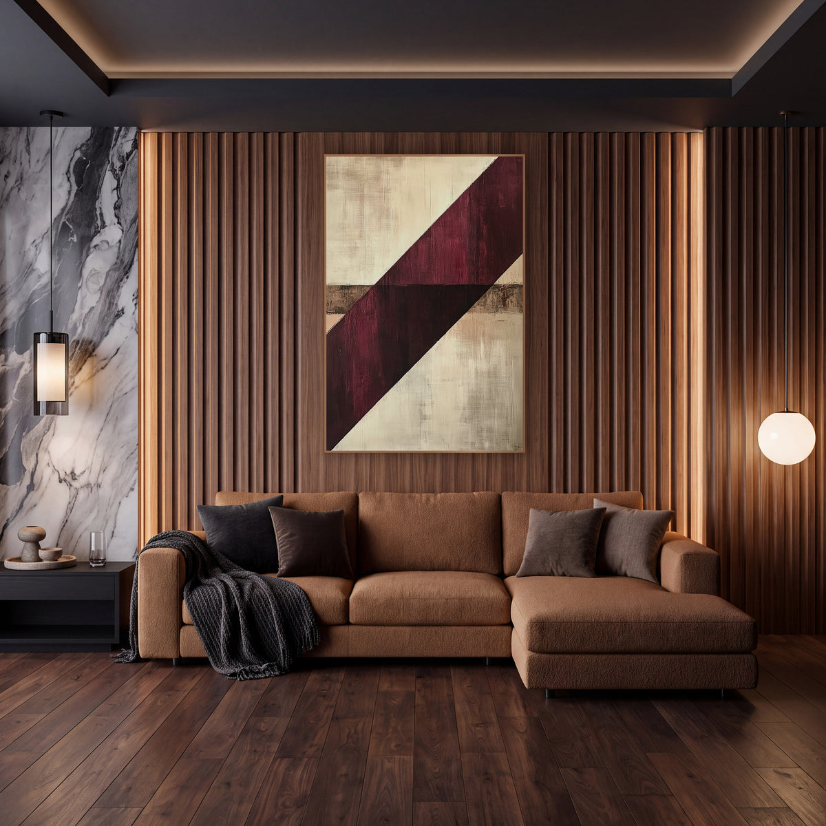 Burgundy Diagonal Abstract Geometric wall art in an elegant modern room – abstract artwork with a wide burgundy