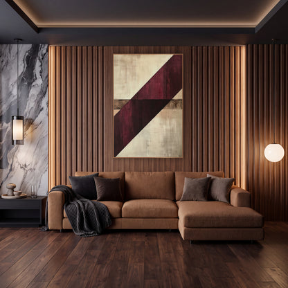Burgundy Diagonal Abstract Geometric wall art in an elegant modern room – abstract artwork with a wide burgundy
