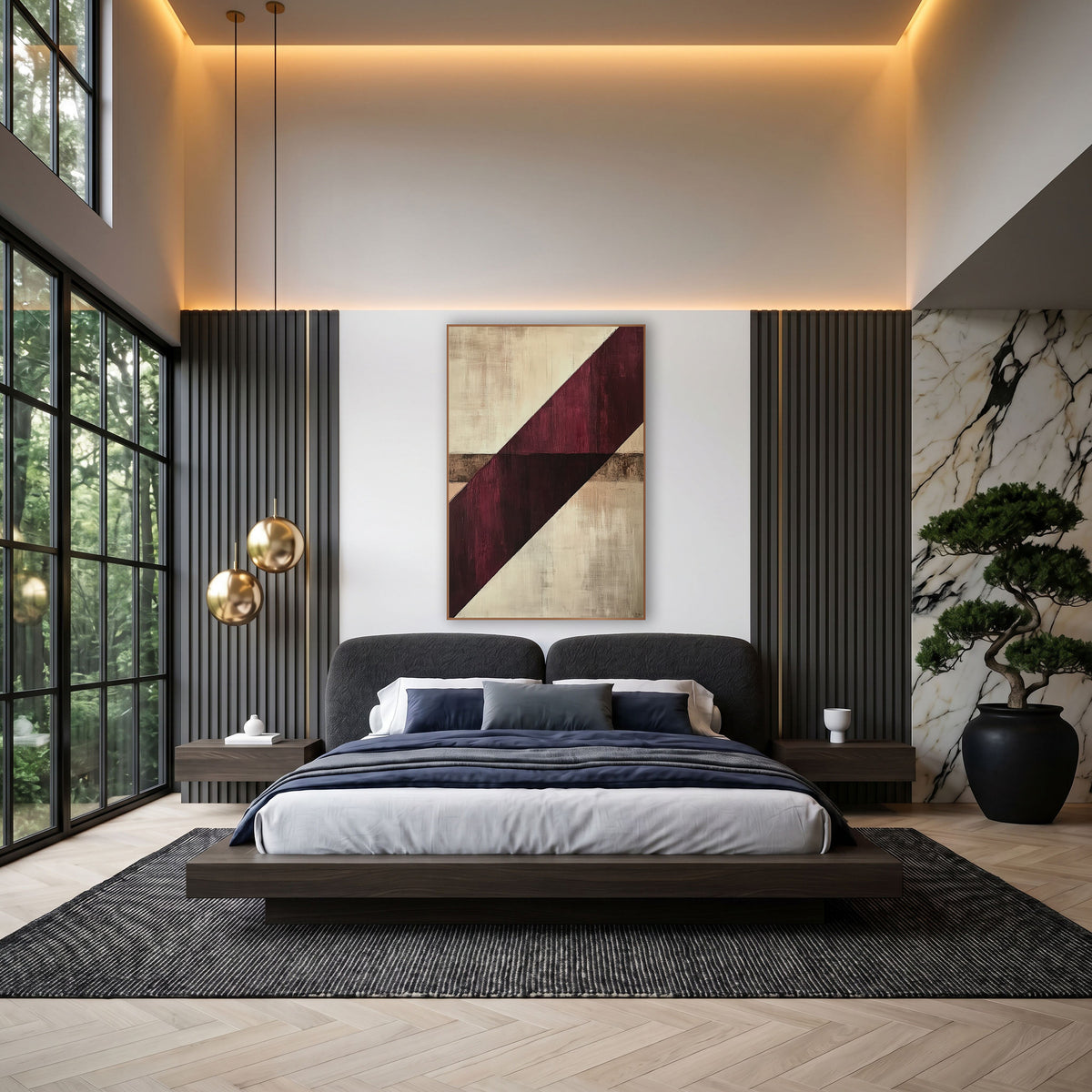 Burgundy Diagonal Abstract Geometric wall art in an elegant modern room – abstract artwork with a wide burgundy