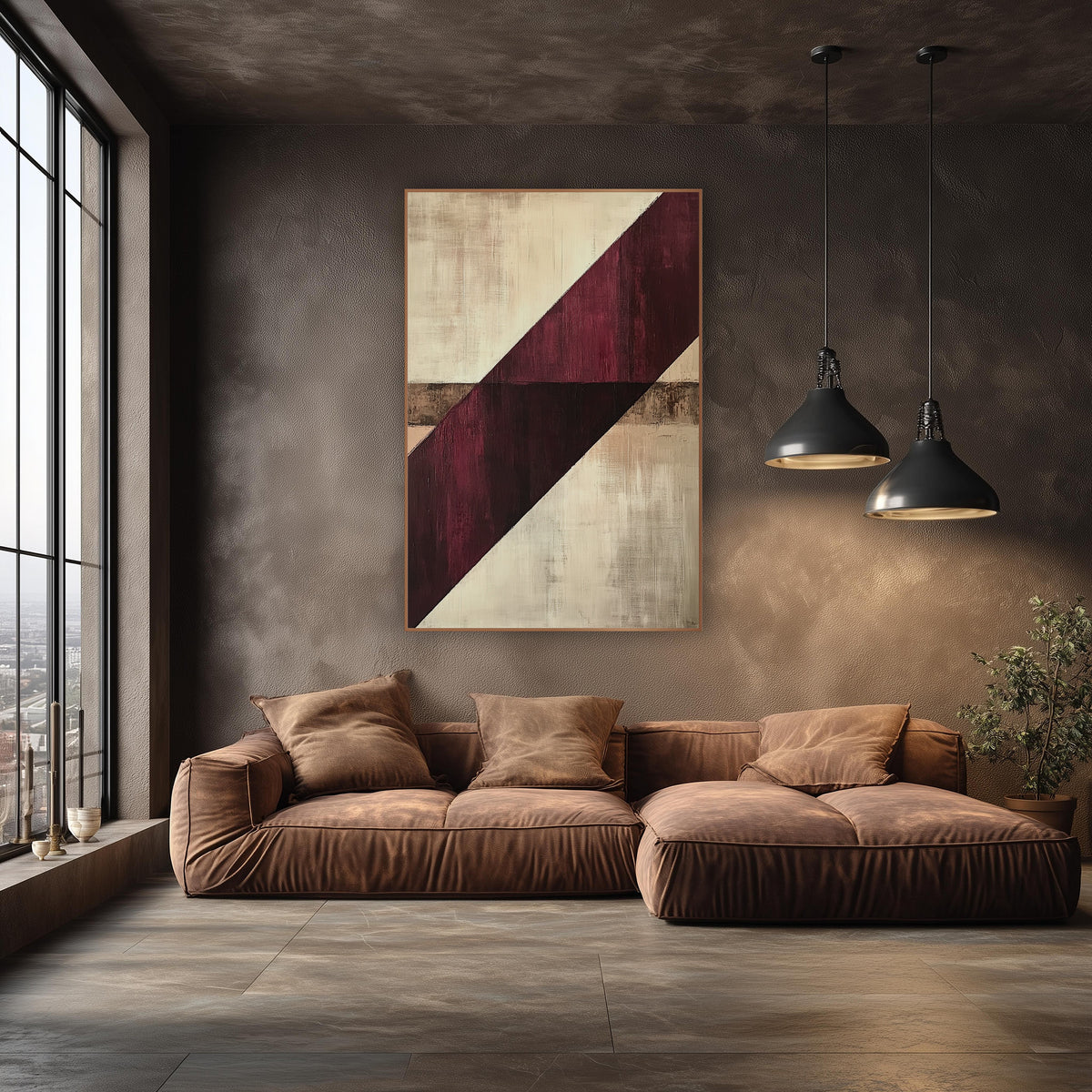 Burgundy Diagonal Abstract Geometric wall art in an elegant modern room – abstract artwork with a wide burgundy