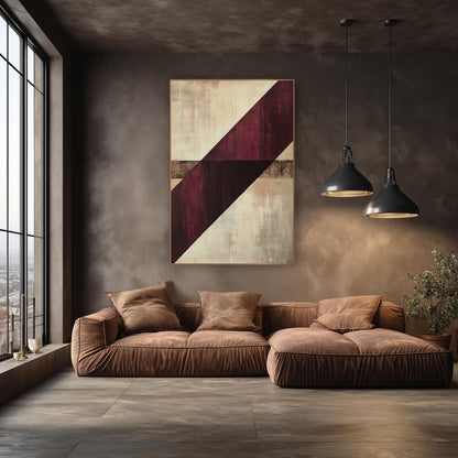 Burgundy Diagonal Abstract Geometric wall art in an elegant modern room – abstract artwork with a wide burgundy