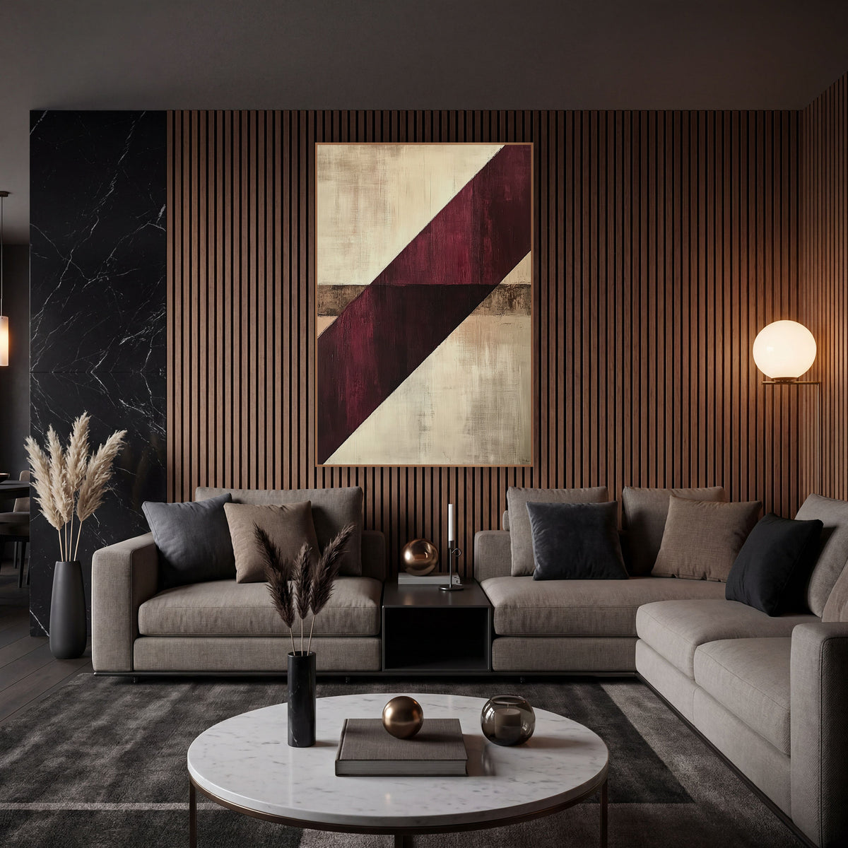 Burgundy Diagonal Abstract Geometric wall art in an elegant modern room – abstract artwork with a wide burgundy