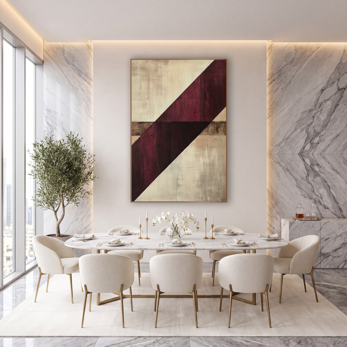 Burgundy Diagonal Abstract Geometric wall art in an elegant modern room – abstract artwork with a wide burgundy