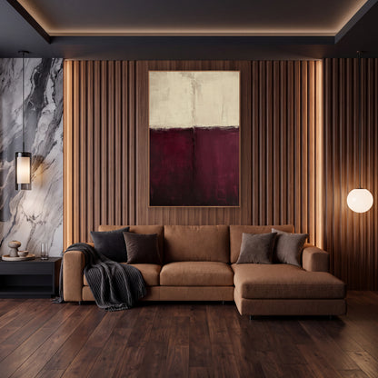 Burgundy Cream Abstract Color Field wall art in an elegant modern room – abstract artwork split horizontally into warm