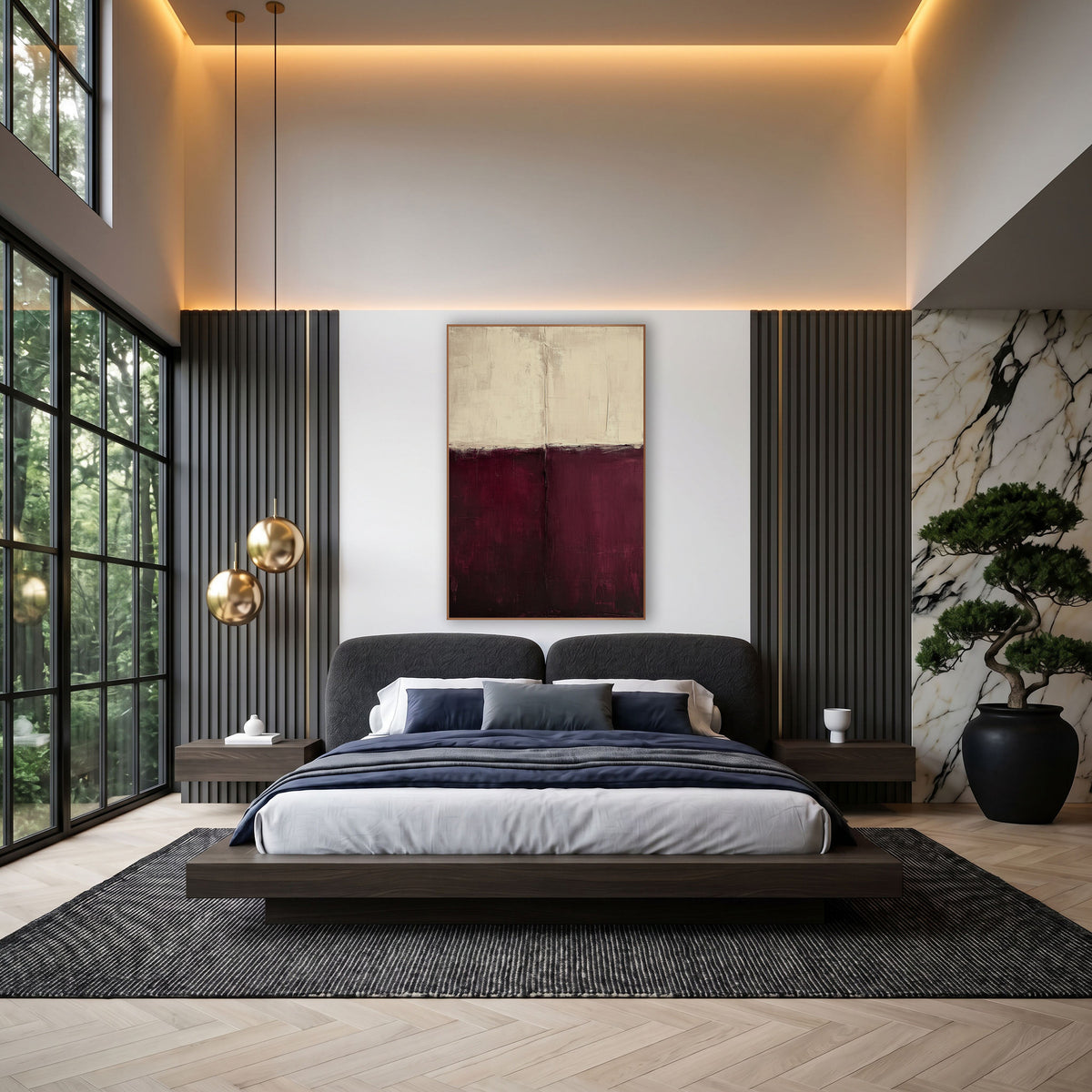 Burgundy Cream Abstract Color Field wall art in an elegant modern room – abstract artwork split horizontally into warm