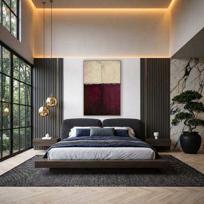 Burgundy Cream Abstract Color Field wall art in an elegant modern room – abstract artwork split horizontally into warm
