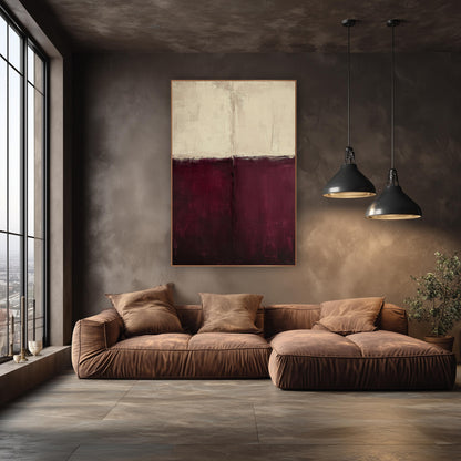 Burgundy Cream Abstract Color Field wall art in an elegant modern room – abstract artwork split horizontally into warm