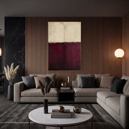 Burgundy Cream Abstract Color Field wall art in an elegant modern room – abstract artwork split horizontally into warm