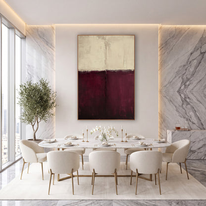 Burgundy Cream Abstract Color Field wall art in an elegant modern room – abstract artwork split horizontally into warm