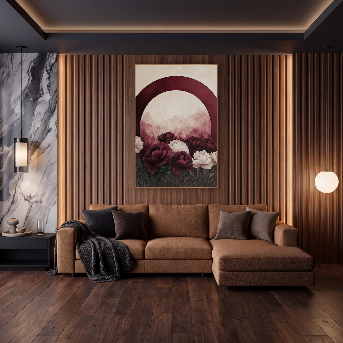 Burgundy Arch Smooth Peony Garden wall art in an elegant modern room – burgundy and cream peonies in a dark green