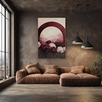 Burgundy Arch Smooth Peony Garden wall art in an elegant modern room – burgundy and cream peonies in a dark green