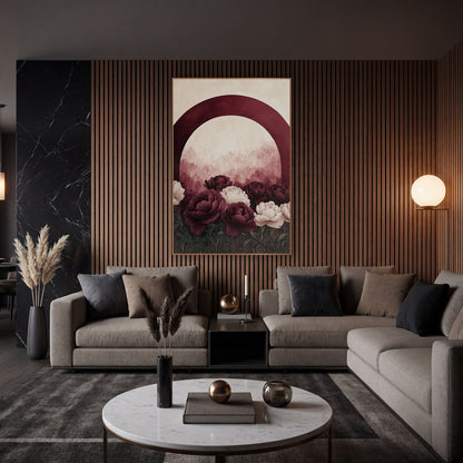 Burgundy Arch Smooth Peony Garden wall art in an elegant modern room – burgundy and cream peonies in a dark green