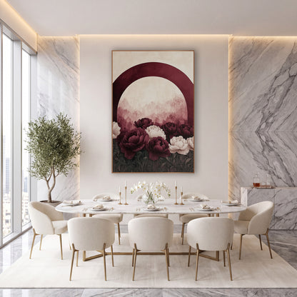 Burgundy Arch Smooth Peony Garden wall art in an elegant modern room – burgundy and cream peonies in a dark green