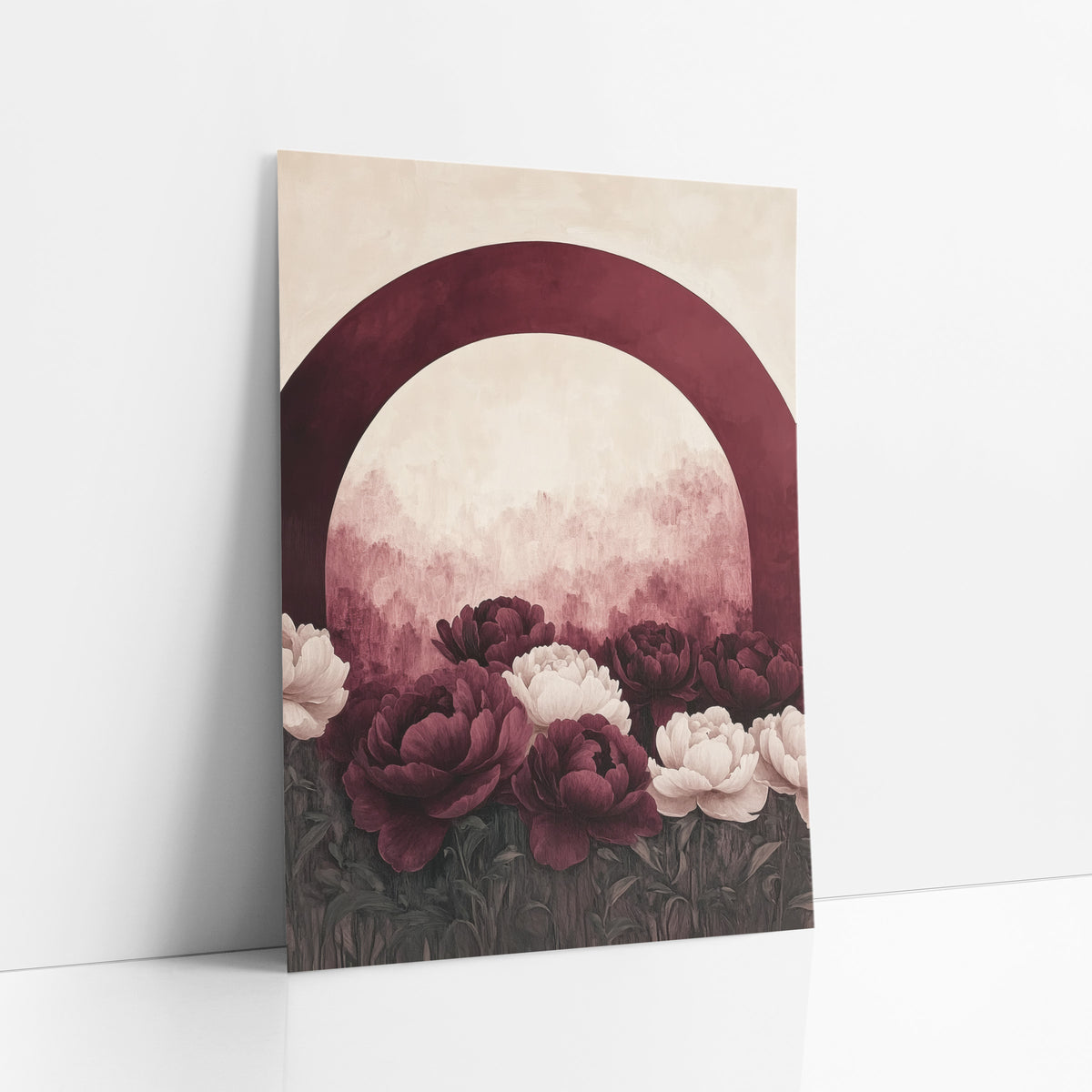Burgundy Arch Smooth Peony Garden art print leaning against a white wall – burgundy and cream peonies in a dark green garden